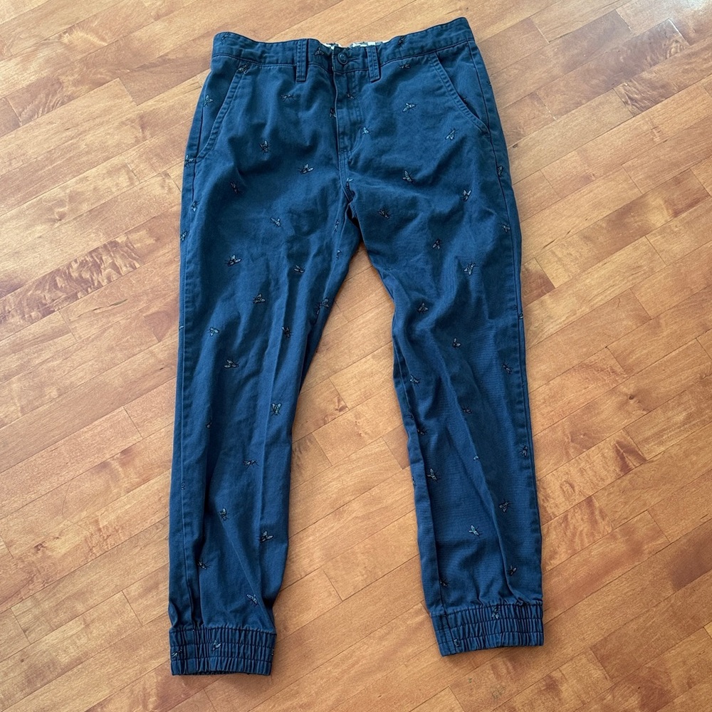 Vans Men's Dark Blue Chinos with Fly Print and Elastic Cuffs